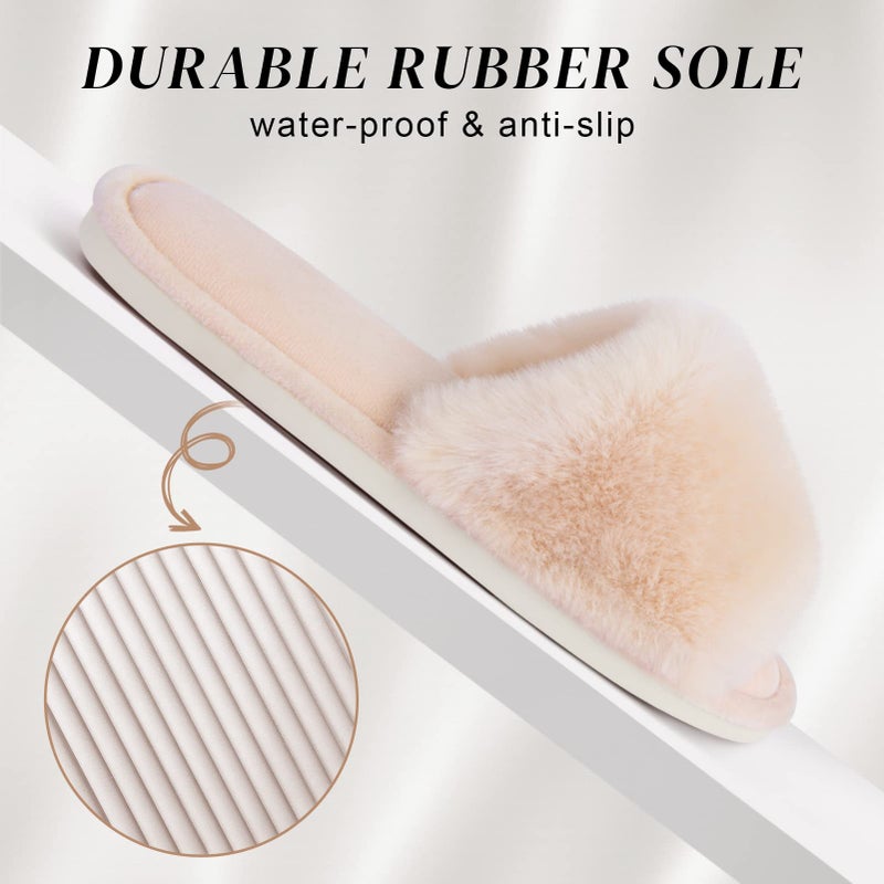 Parlovable Women's Faux Fur Slippers Fuzzy Flat Spa Fluffy Open Toe House Shoes Indoor Outdoor Slip on Memory Foam Slide Sandals Beige 9-10 - Image 4
